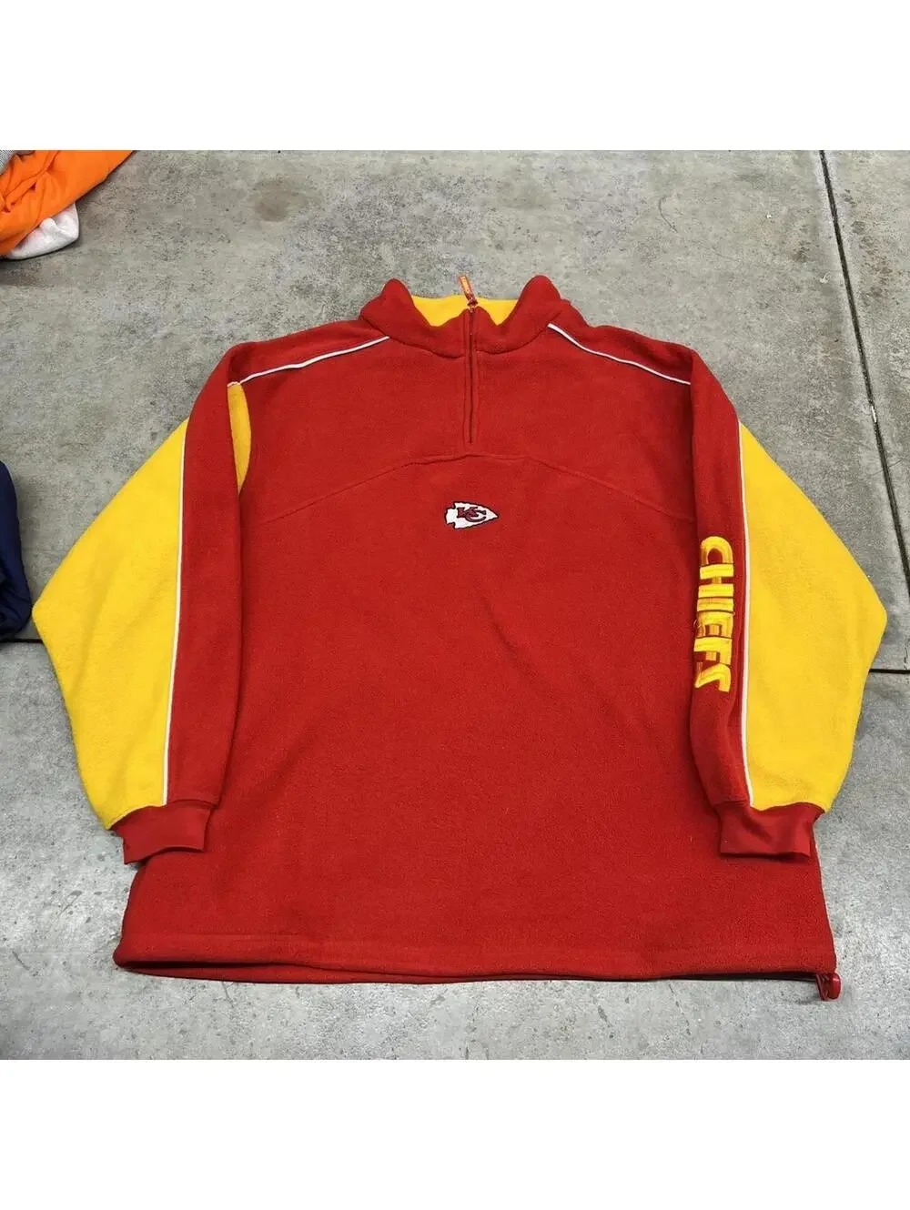 vintage kansas city chiefs red and yellow quarter zip fleece jacket size xl